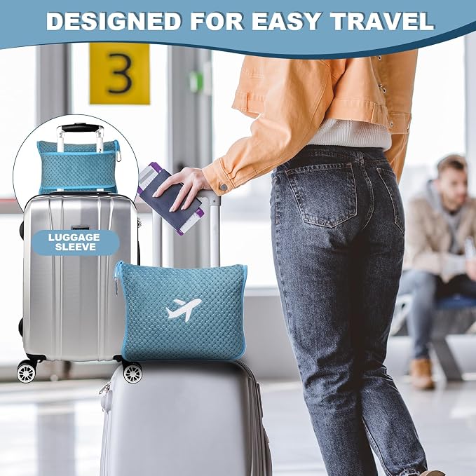 Travel Blanket Airplane Compact with Bag, Travel Essentials 3 in 1 Packable Airplane Blanket, Travel Pillow and Blanket Set, Inflatable Pillow, Luggage Sleeve & Backpack Clip (Slate Blue) - Image 4
