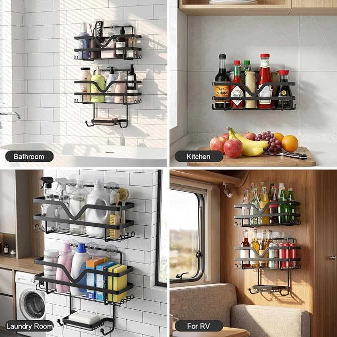 Adhesive Shower Caddy No Drilling Bathroom Organizers, 3 Pack | Self Adhesive Shelf Organizer Rack, Rustproof Shower Storage Rack with Soap Dish, Side Hooks, Large Capacity Bathroom Storage - Image 9
