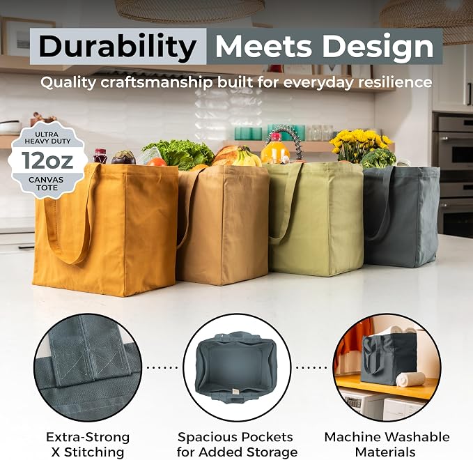 VeraMia Canvas Grocery Bag 3pc XL Set with Real Pockets, Long Shoulder Strap and Short Handle. Heavy Duty, Foldable, Washable - Image 3