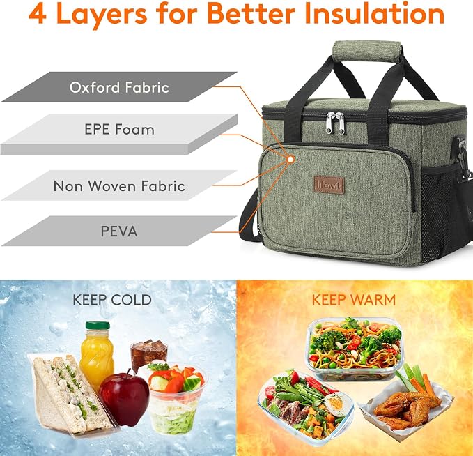 Lifewit Large Lunch Bag, Insulated Lunch Box, Soft Cooler Cooling Tote for Adult Men Women, Dark Green 24-Can (15L) - Image 3