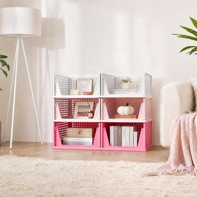 Pink Girl Closet Organizers and Storage Stackable Plastic Drawer Basket for Clothing Stackable Storage Bins Shelf Storage Container for RV Closet Wardrobe Bedroom Bathroom Playroom 6 Pack - Image 6