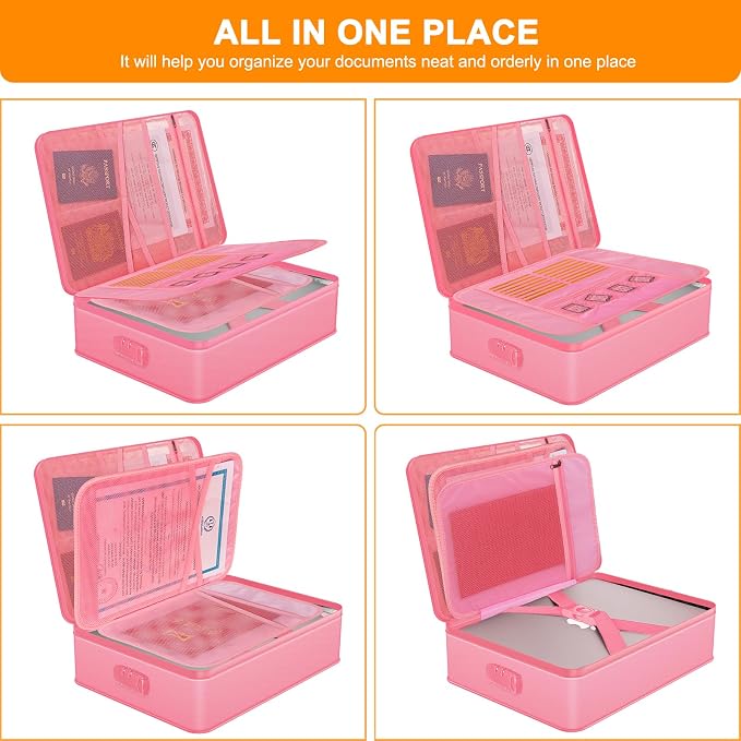 5200℉ Fireproof Document Box with Lock 8 Layers Water Resistant | Home ,Travel ,Strong, Fireproof Safe Storage Document Storage Organizer for Important Documents and File,Pink - Image 4