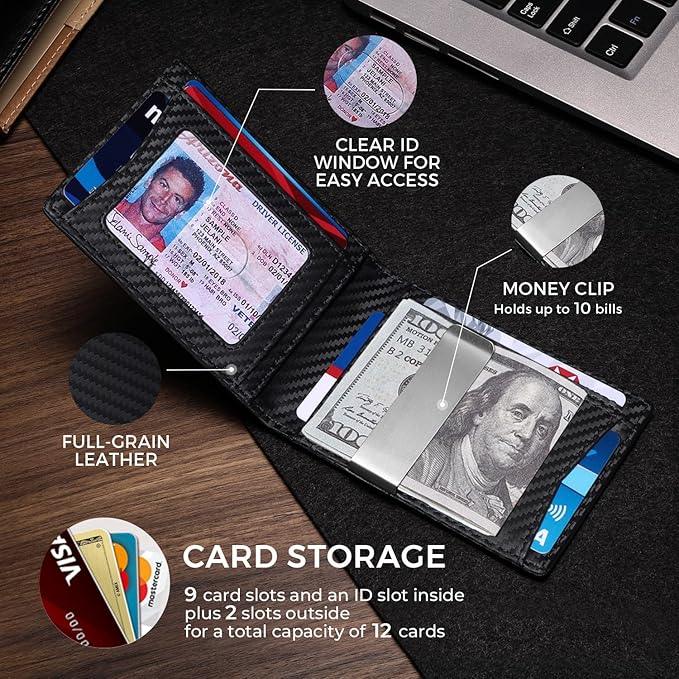 Zitahli Genuine Leather Wallet for Men 12 Card Slim Mens Wallets Bifold RFID Blocking with Money Clip & ID Window Thin Minimalist Card Holder Wallet with Gift Box - Image 3