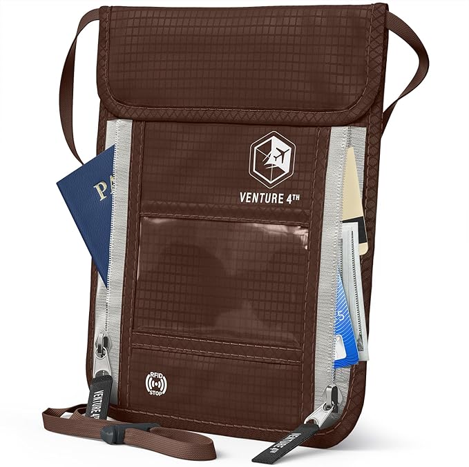 VENTURE 4TH Travel Neck Wallet, RFID Blocking Passport Holder - Brown by VENTURE4TH