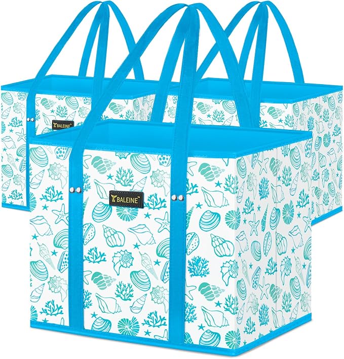 BALEINE 3PK Reusable Grocery Bags, Heavy Duty Shopping Tote Bag | 12'' Long Handles, Reinforced Bottom Keeps Upright, Fold Flat Storage, Water-Resistant Shopping Bag, Multiple Color Options by BALEINE