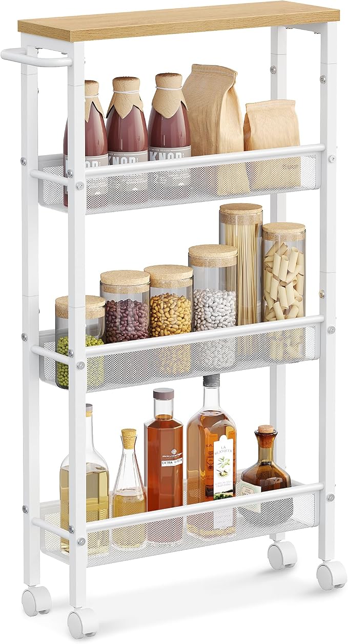 VASAGLE Slim Rolling Cart, 4-Tier, 5.1 Inches Deep, Steel Frame | Storage Cart with Handle, Narrow for Kitchen, Living Room, Golden Oak and Matte White, DACEY Collection ULRC032W09 by Unknown