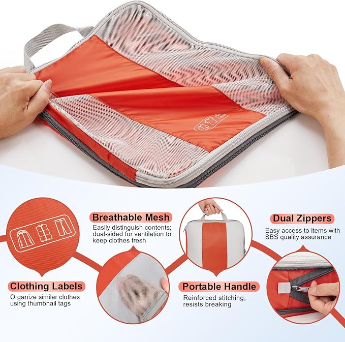 OlarHike 10 Set Compression Packing Cubes for Travel Essentials,Compressible Expandable Space Saver Bags for Organizing Clothes,Luggage Suitcase Garment Bags with Over 1000 pcs Mesh Holes(Orange) - Image 6