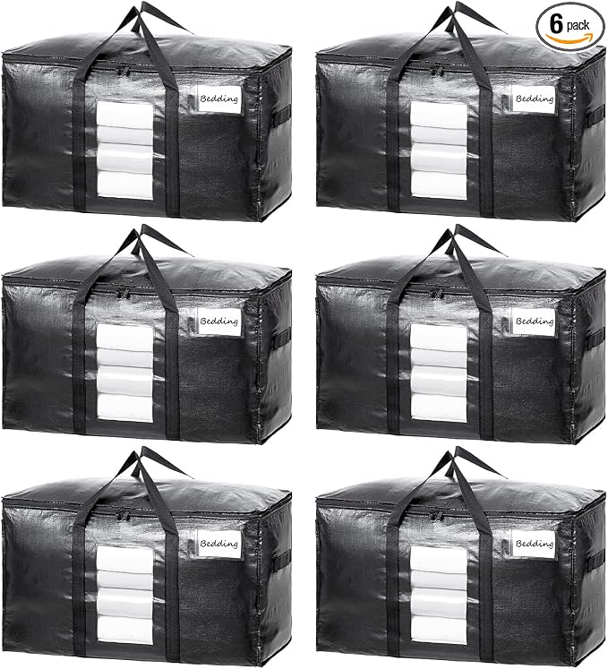 TAILI 6 Pack Black Extra Large Moving Bags,Storage Bag with Visible Window | 93L Heavy Duty Totes For Storage,Wrap Around Handles,Alternative to Moving Boxes, College Dorm,Perfect for Moving by TAILI