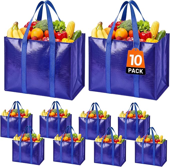 Reusable Grocery Bags, Waterproof & Foldable Shopping Bags Stand Upright | Heavy Duty Shopping Tote Bags, Waterproof & Foldable with Long Handles for Bulk Shopping, Versatile Storage 10 Pack-33L by WiseLife