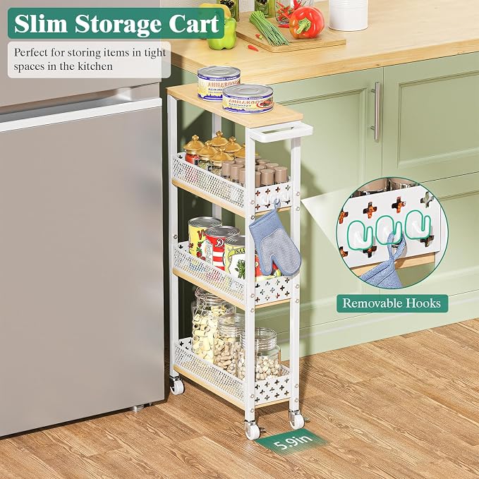 4-Tier Rolling Slim Storage Cart Kitchen Bathroom Laundry Organizer | 5.9"wide, wood rack tier, with 3 hooks, carbon steel, suitable for compact spaces, 360° swivel wheels with brakes, white - Image 2