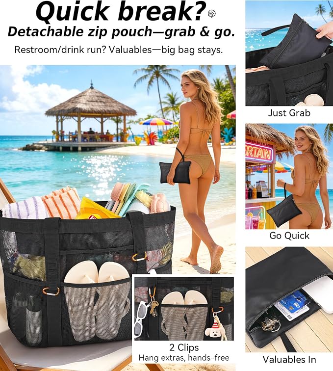 Chic Cruise Essentials Beach Bag for Women, Large Zip Top Tote, 11 Pockets | 40L+ Spacious;Mesh × Canvas;Zipper Pouch;Secure Zip-Top;Sand-Resistant Base - Image 5