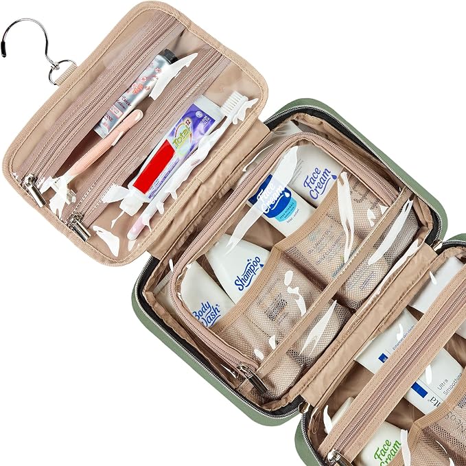 NISHEL Travel Toiletry Bag for women, Portable Hanging makeup Organizer | for Travel-Sized Shampoo, Conditioner, Brushes Set, makeup Accessories, Medium Size, Bronze Green - Image 4