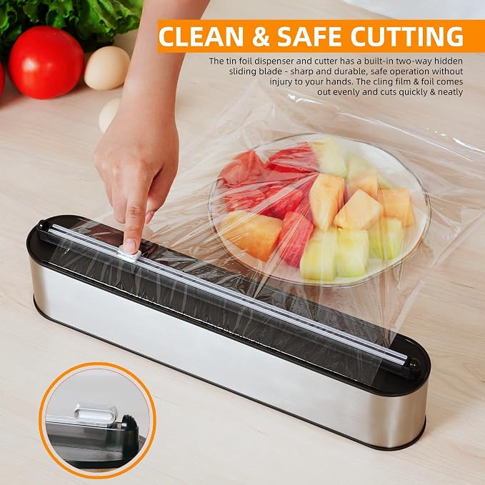 Aluminum Foil & Plastic Wrap Dispenser with Cutter - Magnetic & No-Drill Wall Mount, Stainless Steel Design, Space-Saving Kitchen organizer for Countertops & Cabinets - Fits 12" Rolls, Silver - Image 2