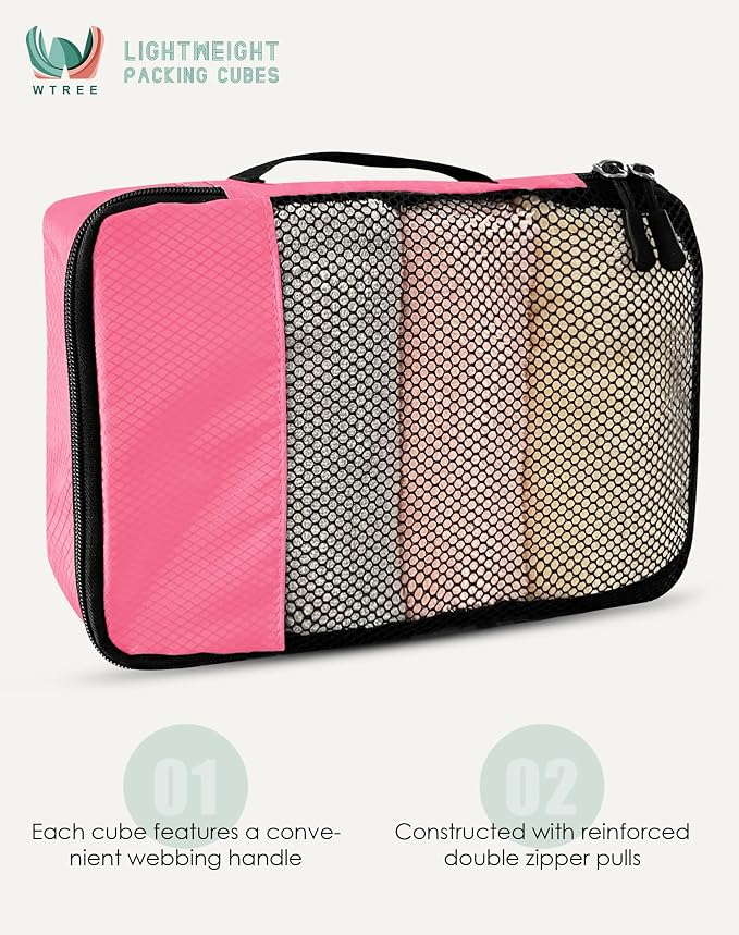 WTREE 4-Piece Packing Cubes Travel Accessories Set for Suitcases - Luggage Organizer Bags with Double Zipper - Mesh Top - Medium - Pink - Image 4