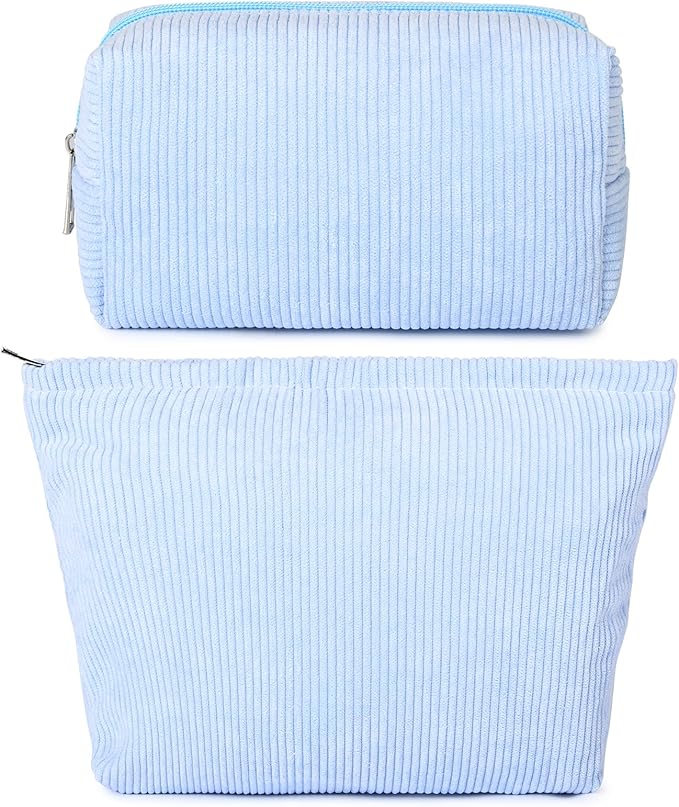 SOIDRAM 2 Pieces Makeup Bag Large Corduroy Cosmetic Bag Capacity Canvas Mix Travel Toiletry Bag Organizer Cute Makeup Brushes Aesthetic Accessories Storage Bag for Women, Corduroy Mix Blue by SOIDRAM