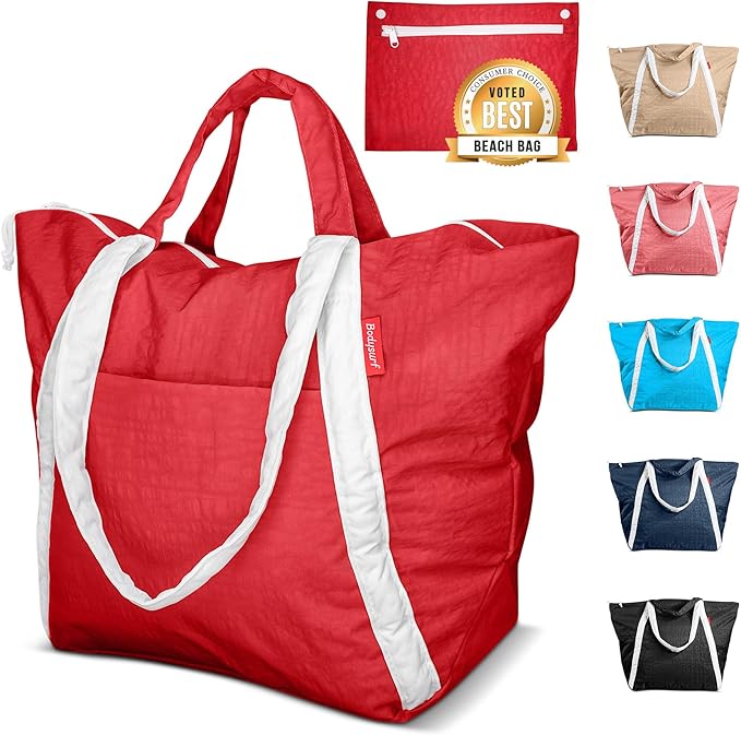 Bodysurf Beach Bag Waterproof Sandproof, Foldable Packable Travel Zip Tote | Pool, boat and swim bag for men and women, XL and medium, 6 colors, zip-top, front pocket, inner wet pouch, recycled nylon by Bodysurf