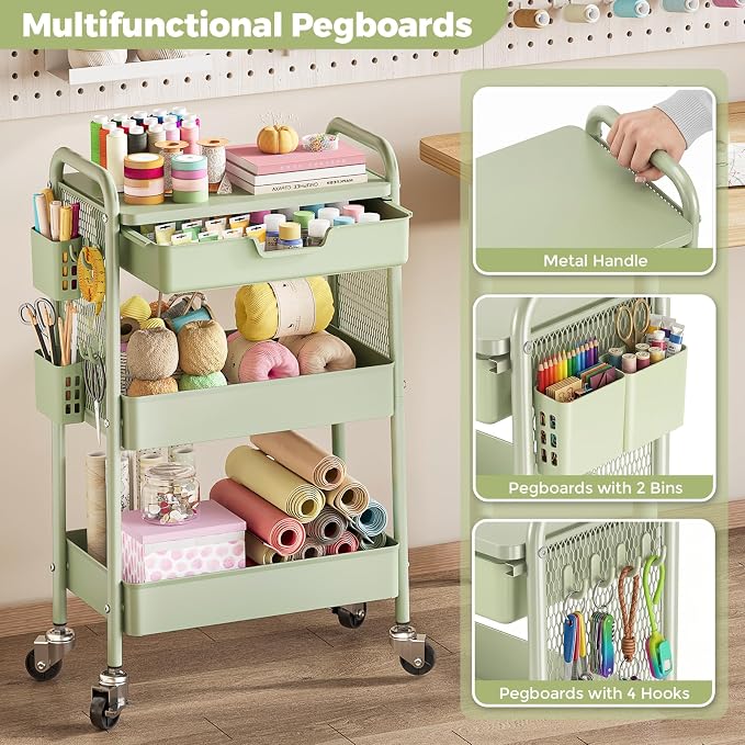 KINGBOARD 3 Tier Metal Rolling Cart with Drawer, Green Utility Storage Cart | 2 Cups & 4 Hooks, Lockable Wheels, Trolley Organizer for Bathroom, Kitchen, Office, Nursery, Dorm, Laundry, Craft Room - Image 4