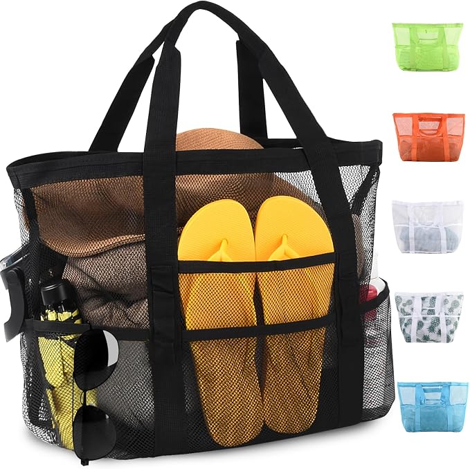 CaCTOUR Mesh Beach Bag,Large Beach Bags for Women with 8 Pockets,Packable Tote Bag for Beach Cruise Pool Vacation Essentials by CaCTOUR