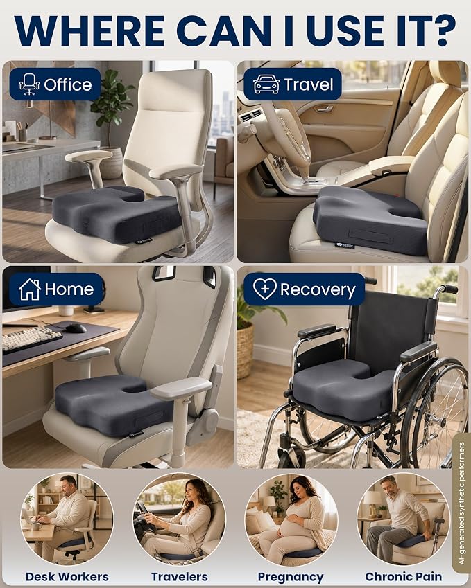 5 STARS UNITED Seat Cushion - Memory Foam Chair Cushion for Tailbone Pain Relief - Ergonomic Support for Coccyx, Sciatica & Butt - Office, Desk & Gaming Chair, Car Seat, Wheelchair, Airplane, D Gray - Image 3