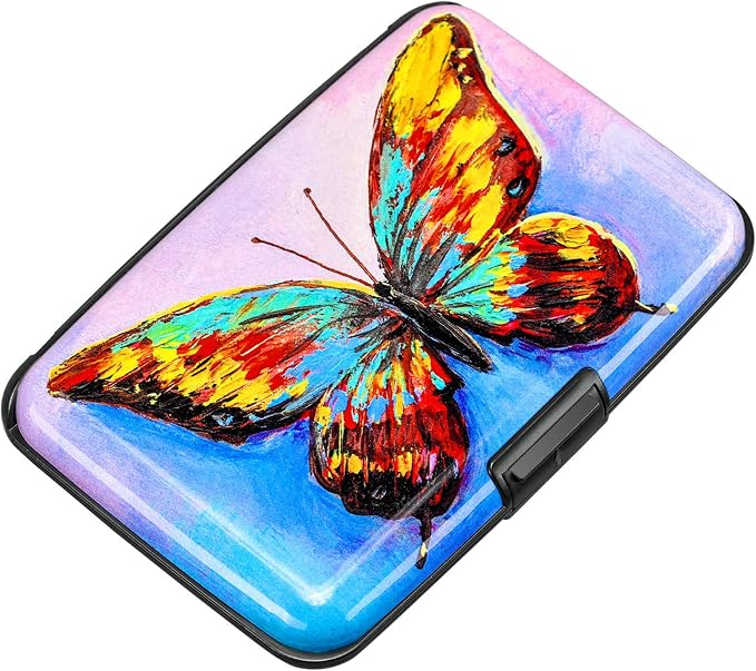 RFID Blocking Credit Card Protector Aluminum ID Case Hard Shell Business Card Holders Metal Wallet for Men or Women (One Butterfly) by ELFISH