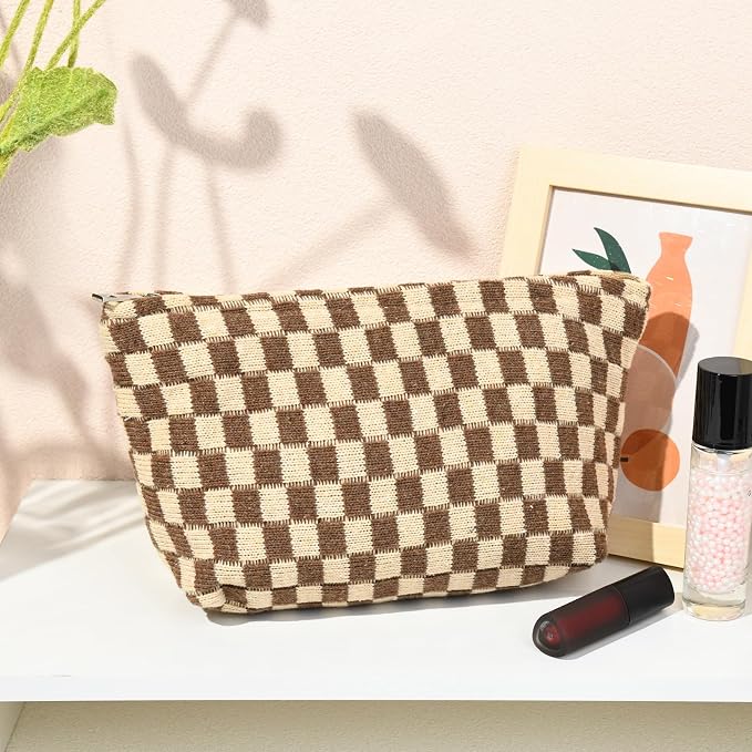 SOIDRAM 2 Pieces Makeup Bag Large Checkered Cosmetic Bag Capacity Canvas Travel Toiletry Bag Organizer Cute Makeup Brushes Aesthetic Accessories Storage Bag for Women, Brown checkered - Image 2