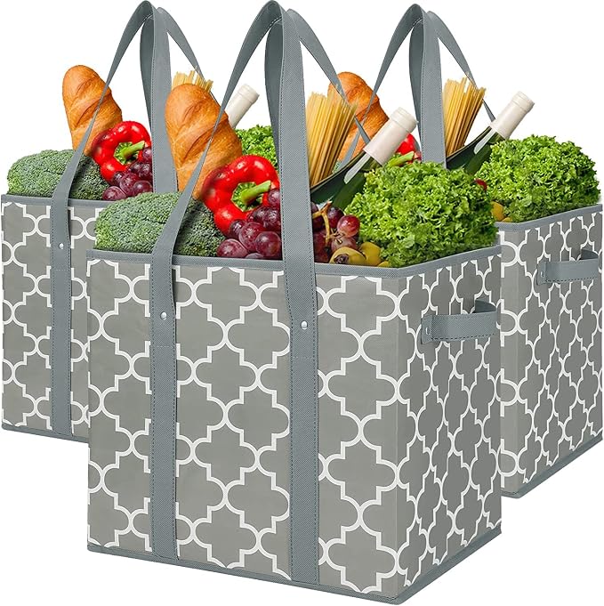 WISELIFE 3-Pack Reusable Grocery Bags Foldable Washable Storage Bins Basket Water Resistant Shopping Utility Tote Bag Grey by WiseLife