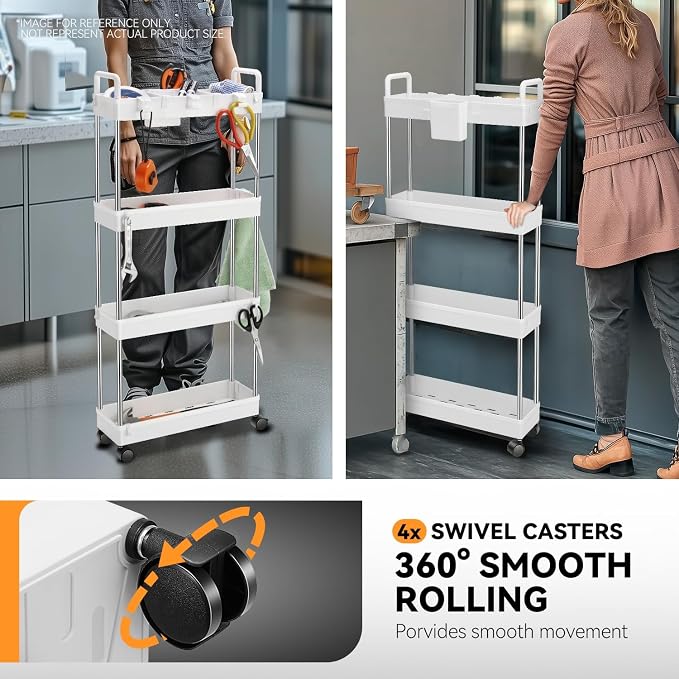 Auto Dynasty 4-Tier Rolling Utility Cart w/Handle, Narrow Storage, White | Sturdy Steel Frame, Smooth-Rolling Casters, Multifunctional Shelves, Space-Saving Slim Design, for Office/Kitchen/Bathroom - Image 6