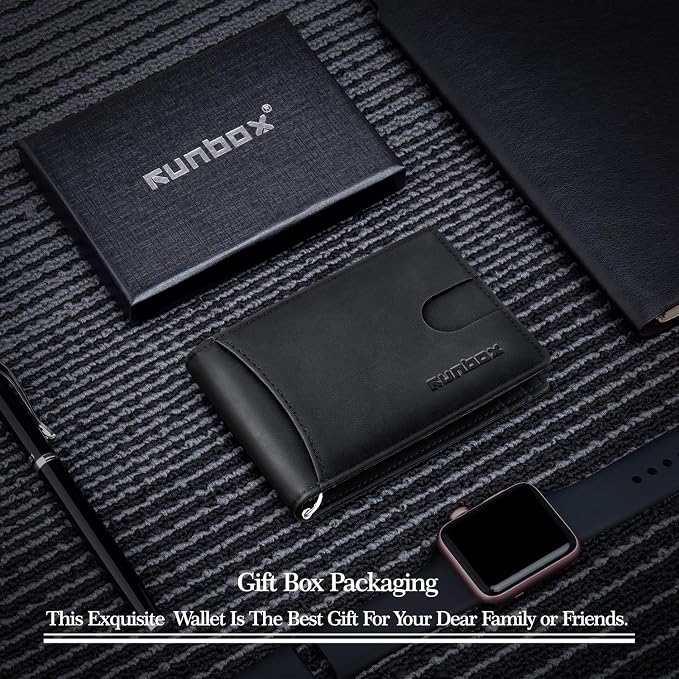 RUNBOX Slim Wallet for Men Genuine Leather RFID Blocking Bifold Minimalist Front Pocket Mens Wallet with Money Clip Thin Gift Box - Image 5