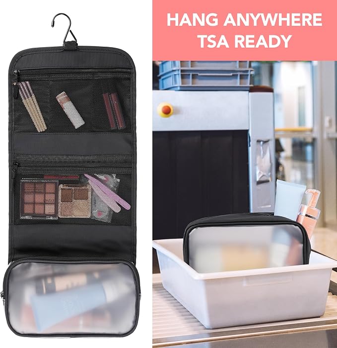 5-Piece Travel Toiletry Bag for Women, Organize Toiletries & Cosmetics | Personal Travel Essentials, with Hanging Toiletry Bag, Clear Cosmetic Bag, Makeup Bag, Jewelry Case & Cable Pouch - Black - Image 7