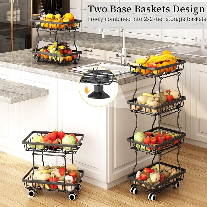 CHLORYARD 4 Tier Slim Fruit Basket for Kitchen, Stackable Metal Wire Fruit Vegetable Storage Baskets Organizer Stand on Wheels, Produce Basket Potato Onion Storage Bins Rack for Pantry. (Black) - Image 3