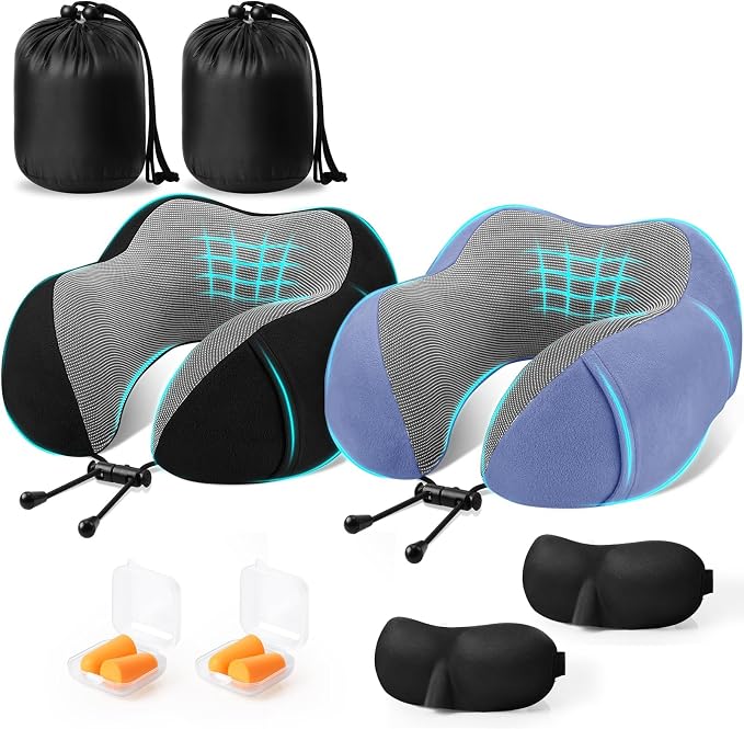 CloudBliss Memory Foam Travel Neck Pillow Airplane, 2 Pack, Black & Blue by CloudBliss