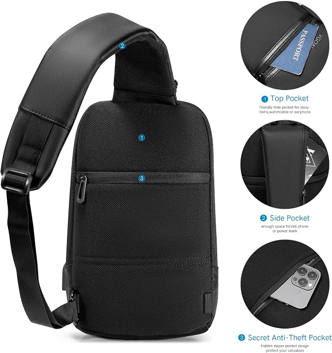 VGOAL Crossbody Bag Sling Bag for Men Sling Backpack Daypack | Waterproof,USB Charge Port,Minimalist,RFID Pocket,9.7 Inch IPad,Anti-theft pocket,Small,Travel Sport Running Hiking - Image 6