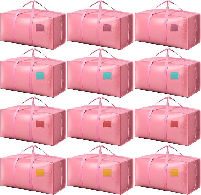 12 Pack Moving Bags with Full-Open Side Zipper, Extra Large 93L Heavy Duty Waterproof Foldable Storage Totes for College Dorm, Moving & Home Organization Pink by RMOHRO