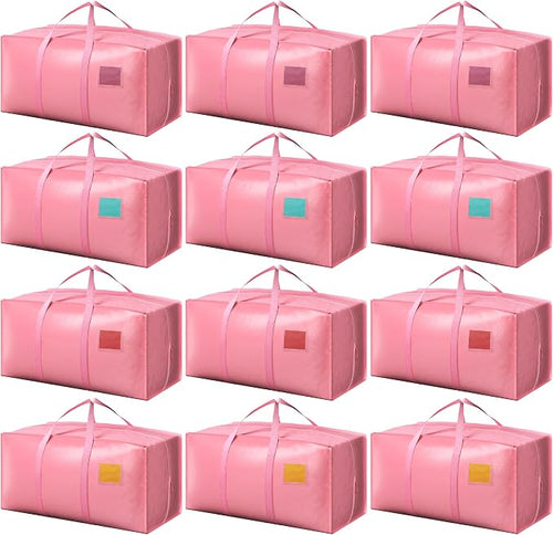 12 Pack Moving Bags with Full-Open Side Zipper, Extra Large 93L Heavy Duty Waterproof Foldable Storage Totes for College Dorm, Moving & Home Organization Pink by RMOHRO