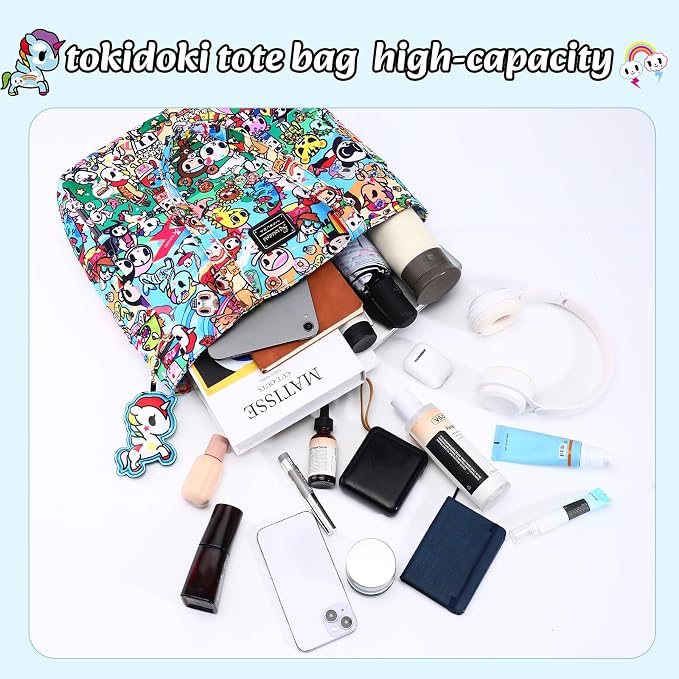 tokidoki Unicorno Foldable Tote Bag for Women, Canvas Tote Bags with Doll Portable Shoulder Handbag for school Work Travel - Image 4