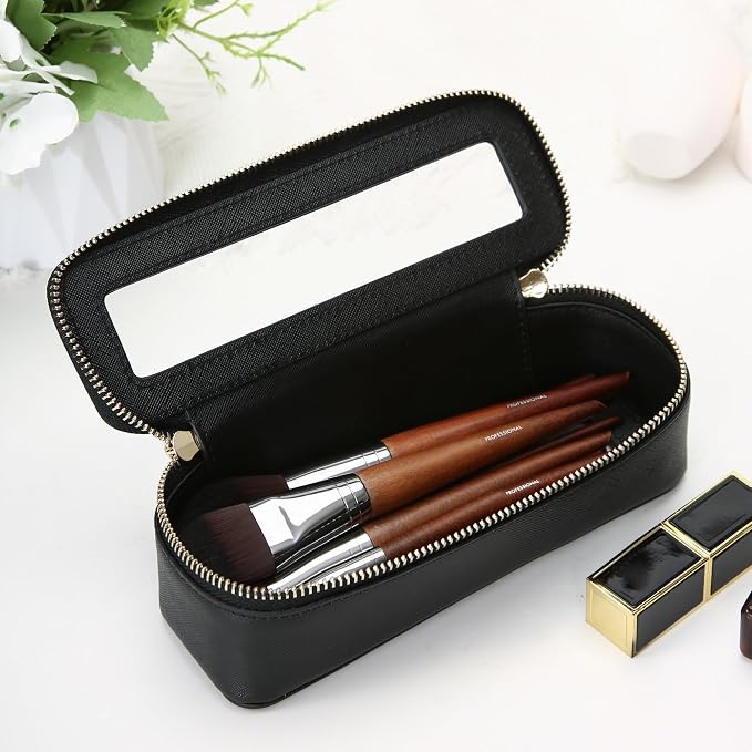 Aveniee Clear Makeup Brush Bag,Slim Cosmetic Brush Holder,Small Toiletry Bag Mini Travel Case for Women,Thin Make up Bags with Dual Zipper,Cute Travel Essentials Organizer,Black - Image 2