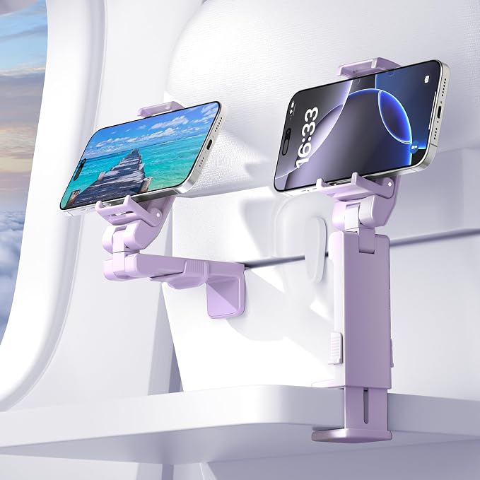 Perilogics Gen 2 Airplane Phone Holder Mount, Travel Phone Stand, Purple | Upgraded Silent Hinge, 360° Adjustable, Compact Size, Wider Clamp Fits iPhone, Android & Gaming Devices by Perilogics