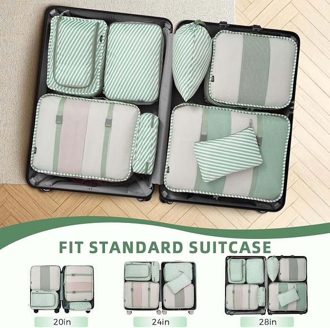 BAGAIL 8 Set Packing Cubes Luggage Packing Organizers for Travel Accessories-White and Matcha Stripe - Image 6