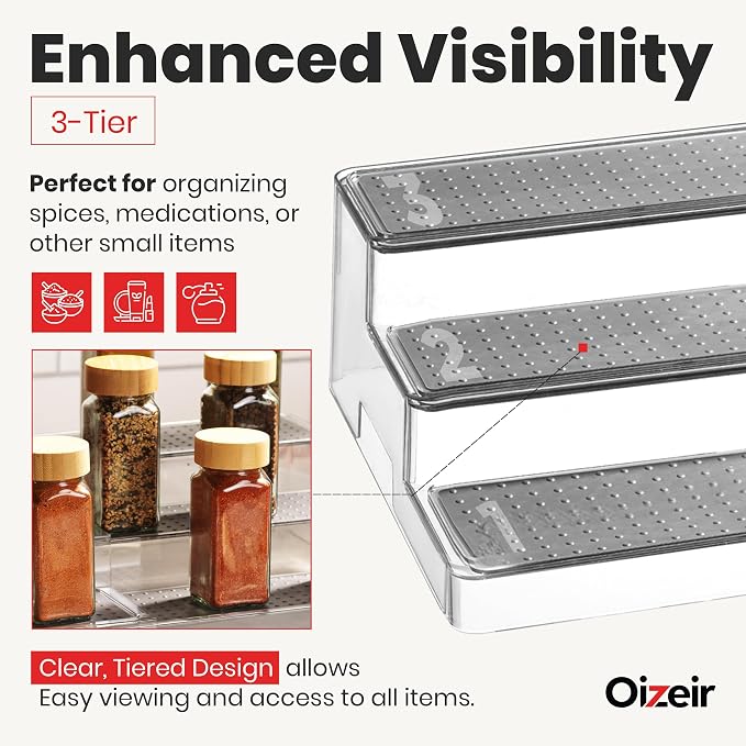 Oizeir 3-Tier Expandable Spice Rack Organizer for Cabinet, Clear | Expandable Plastic Spice Rack Organizer, Adjustable Length 3 Tiers, Non-Skid Shelf, Cabinet Pantry Countertop, Clear - Image 4