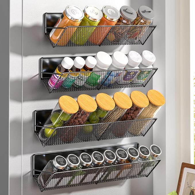 DTUQYX Magnetic Spice Rack 4-Pack for 32 Spices Jars, 14-16.5 inch Long Strong Magnetic Shelves, Space Saving Spice Organizer 45° Tilt for Refrigerator, No Drilling Home Kitchen Storage Shef by DTUQYX