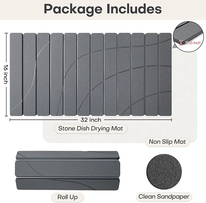 Extra Large Stone Dish Drying Mat for Kitchen Counter, Quick Dry Stone Dish Mats, Foldable Water Absorbing Diatomaceous Drying Pad for Countertop Bottles Utensils Bathroom (Flow Line Gray 32"x16") - Image 2