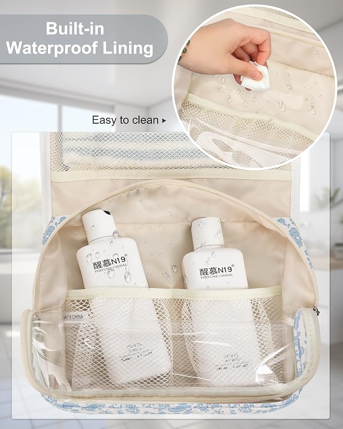 Relavel Small Hanging Toiletry Bag for Women, Floral Hanging Organizer | Portable Travel Bag for Travel-Sized Shower Dopp Kit, Waterproof Toiletries Organizer with 3 Compartments for Outdoor - Image 7