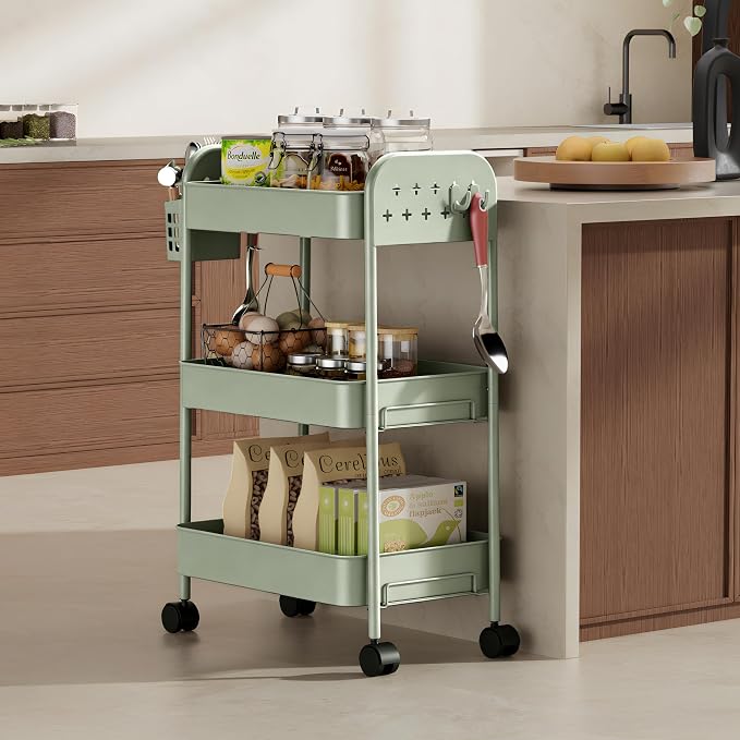 Heavy-Duty Rolling Cart 3 Tier Metal Utility Storage Cart | with Casters, Hooks & Hanging Cups, Rolling Storage Organizer for Kitchen Office Craft Snack Book - Image 3