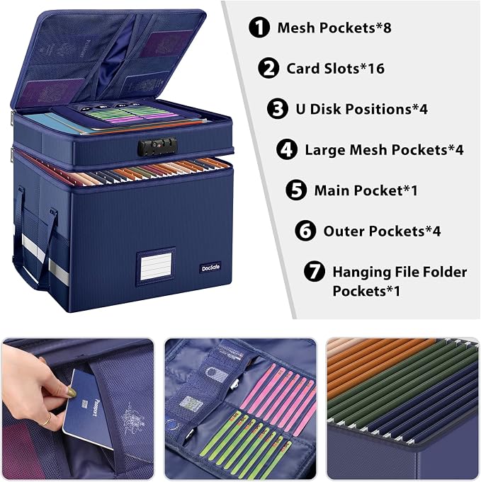 DocSafe File Box with Lock,Multi-Layer Fireproof Document Box Collapsible File Storage Organizer with Pockets/Handle,Large Portable Home Office Filing Safe for Hanging Letter/Legal Size Folders,Blue - Image 2