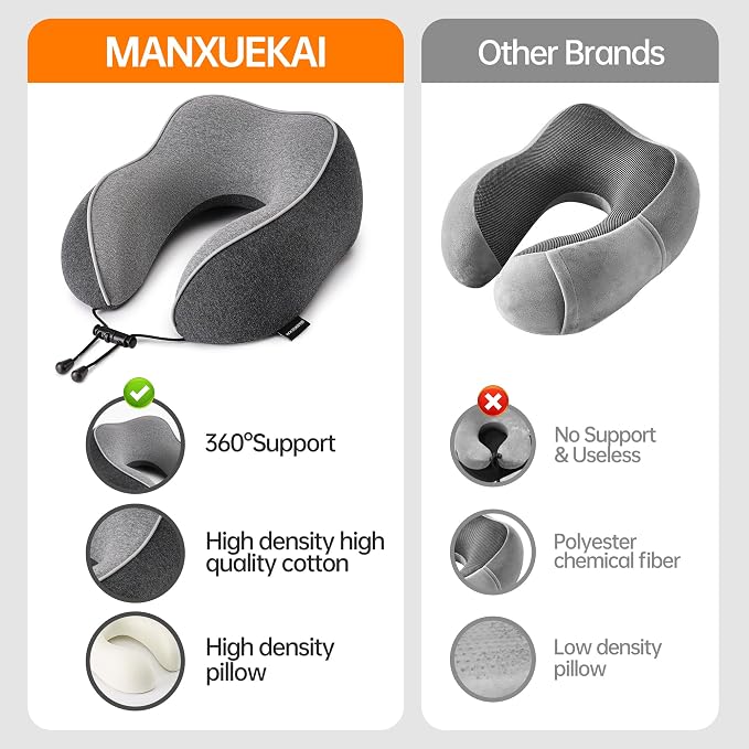 Travel Pillows for Airplanes,100% Pure Memory Foam Travel Neck Pillow | Washable Cotton Cover,Comes with 3D Eye Mask,Earplugs,Storage Bag,Ideal Travel Gift,Relieve Neck Pressure,Light Grey - Image 8