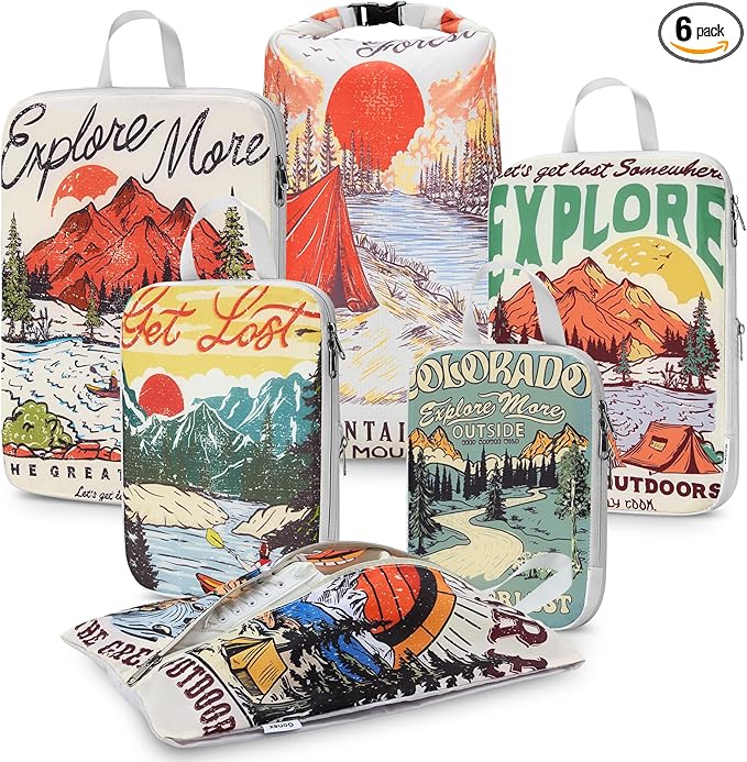 Gonex 6-Piece Compression Packing Cubes with Shoe & Laundry Bags | Unique Printed Design, Ripstop Fabric, Double-Zip Compression, Carry-On Friendly, Lightweight by Gonex
