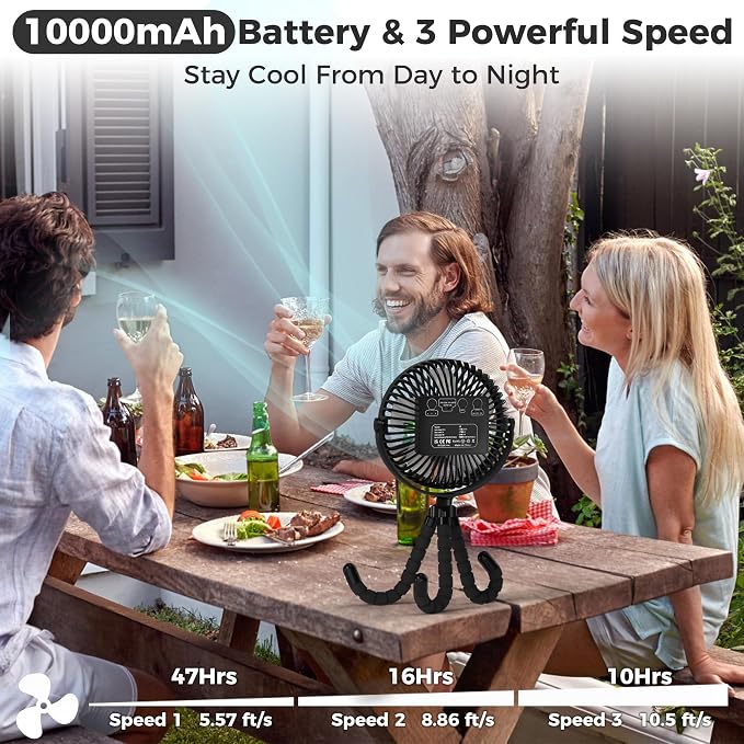 COMLIFE Baby Stroller Fan, 10000mAh Rechargeable, 50H Ultra-long Runtime, 3-Speed Portable Clip on Fan with LED Light, Timer, 360°Rotate Battery Operated Fans for Travel Car Seat Crib - Image 2
