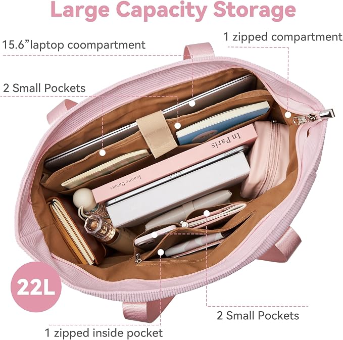 Tote Bag for Women, Casual Hobo Handbags with Compartments | Water Repellent Corduroy Large Capacity Fits 15.6" Laptop Zipper Closure for Travel Work School - Image 5