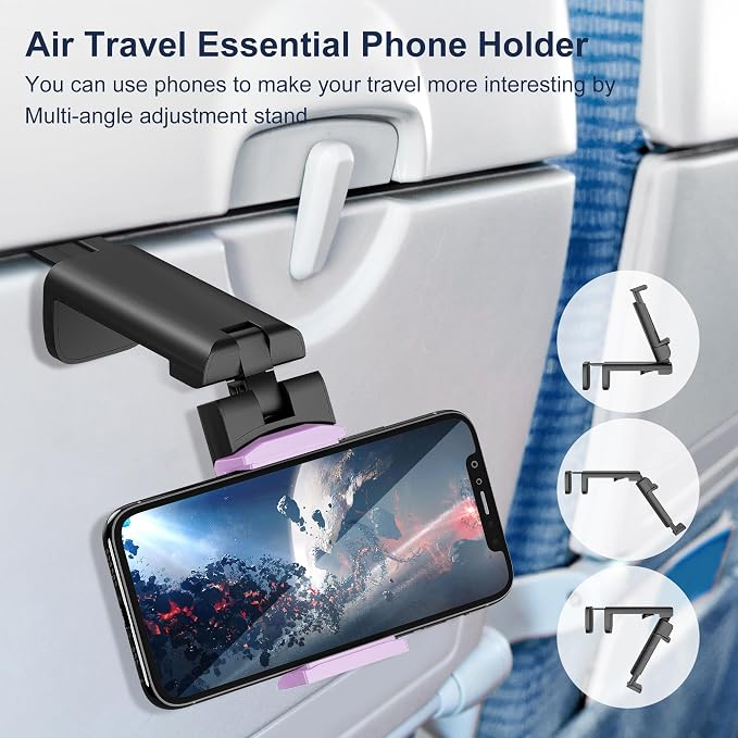 Airplane Phone Holder, 360 Multi-Angle Adjust Mount for Flight | Universal Travel Essentials Phone Stand for Airplane Seat, Flying, Compatible with Smartphones for Hands-Free Viewing, Purple - Image 2