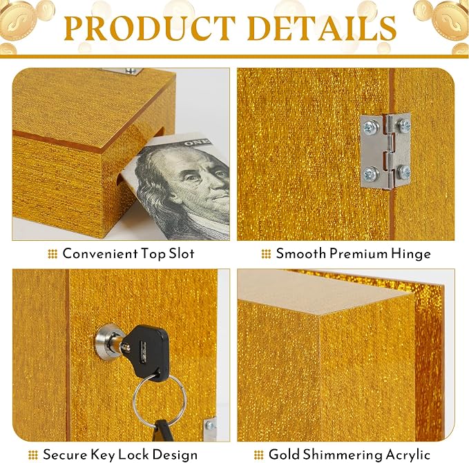 Acrylic Cash Box for Gamblers Extra Large, Gold Shimmering Winners Bank with Lock, 2 Keys, Slot, Storage Waist Bag, Portable Casino Cash Money Lock Box Safe, Money Holder, 1 Pack - Image 3